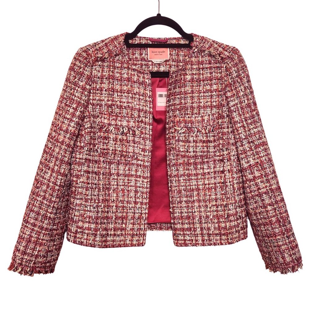 Kate Spade Textured Tweed Open Jacket Size 2 Pink White